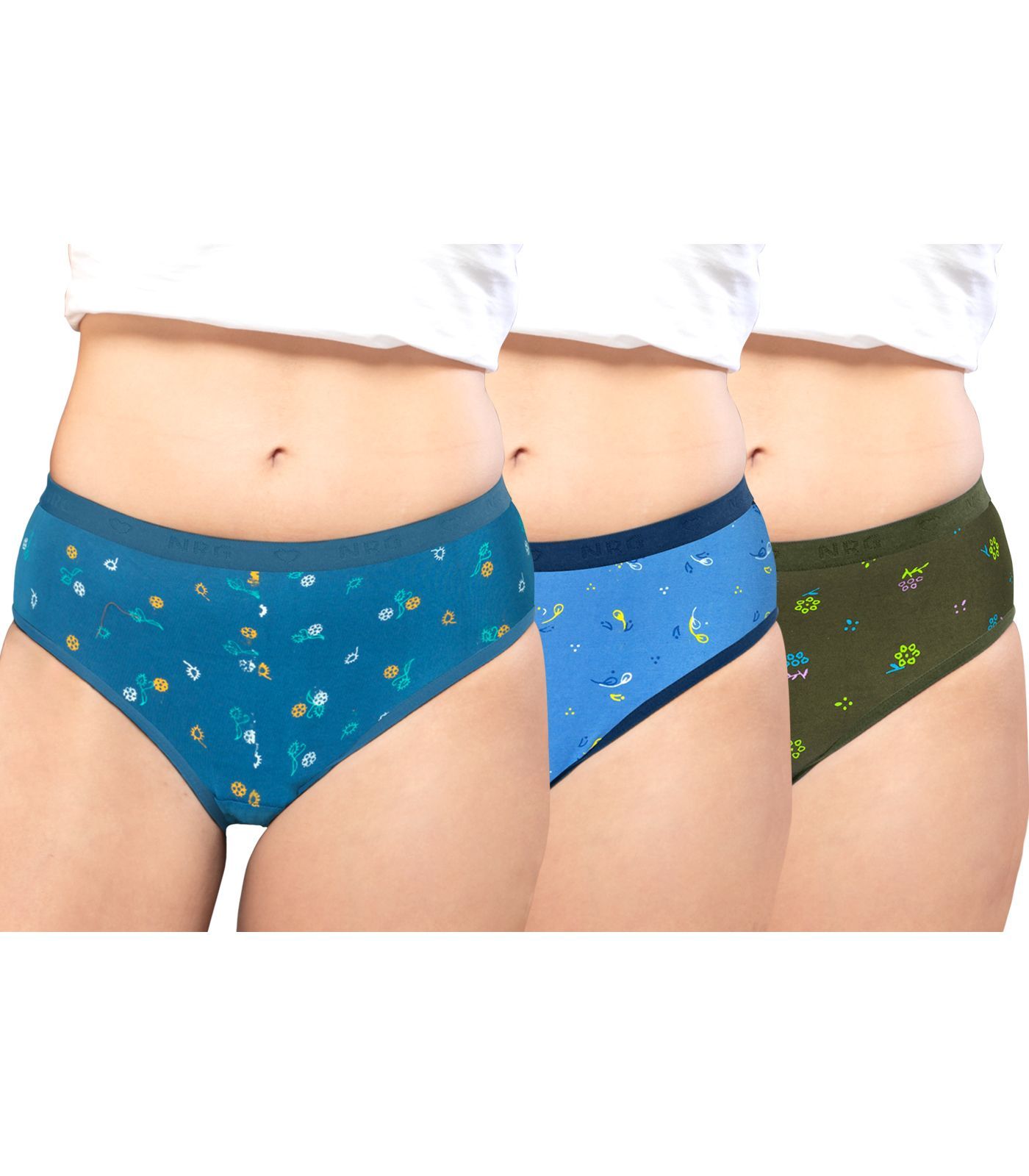 NRG Womens Cotton Assorted Colour Panties ( Pack of 3 Turquoise - Light Blue - Military Green ) L05 Hipster