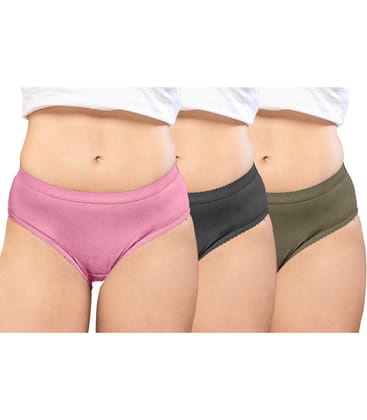 NRG Womens Cotton Assorted Colour Panties ( Pack of 3 Pastol Pink - Coffee Brown - Dark Green ) L04 Hipster