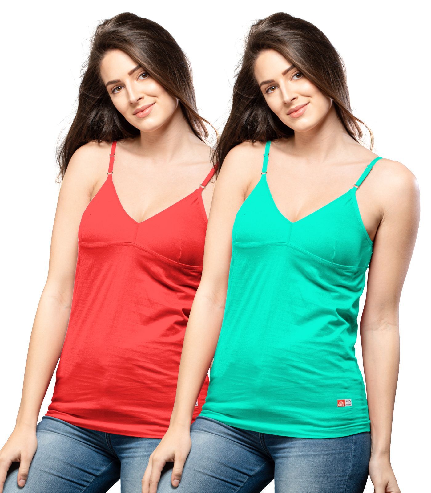 NRG Womens Cotton Assorted Colour Bra Slips ( Pack of 2 Red - Mint Green) L14 Camisole