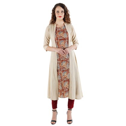 Brown Printed Cotton Kurti Shrug Pant Set