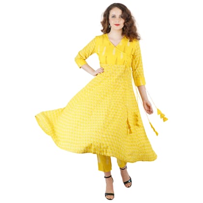 Pintuck Yellow Angrakha Kurti Pant Set