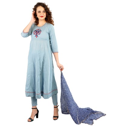 Hand Embroidered Cotton A-Line Kurti With Pant and Leheriya Dupatta