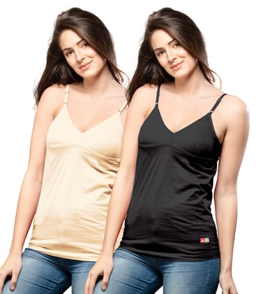 NRG Womens Cotton Assorted Colour Bra Slips ( Pack of 2 Skin - Black ) L14 Camisole