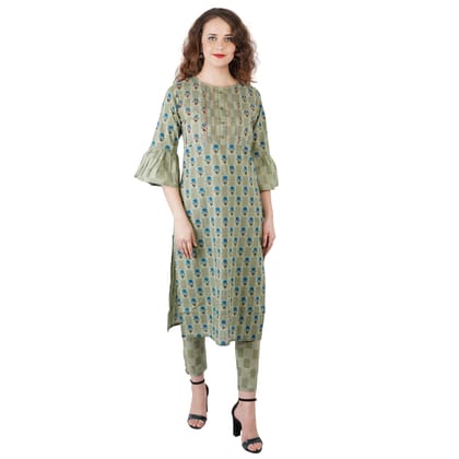 Green Floral Printed Straight Line Kurti With Pant