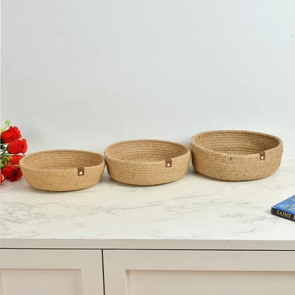 Jute Tiny Round Basket, Beige, Combo, S M L, Set of 9, 10, 10.5 inches | Q