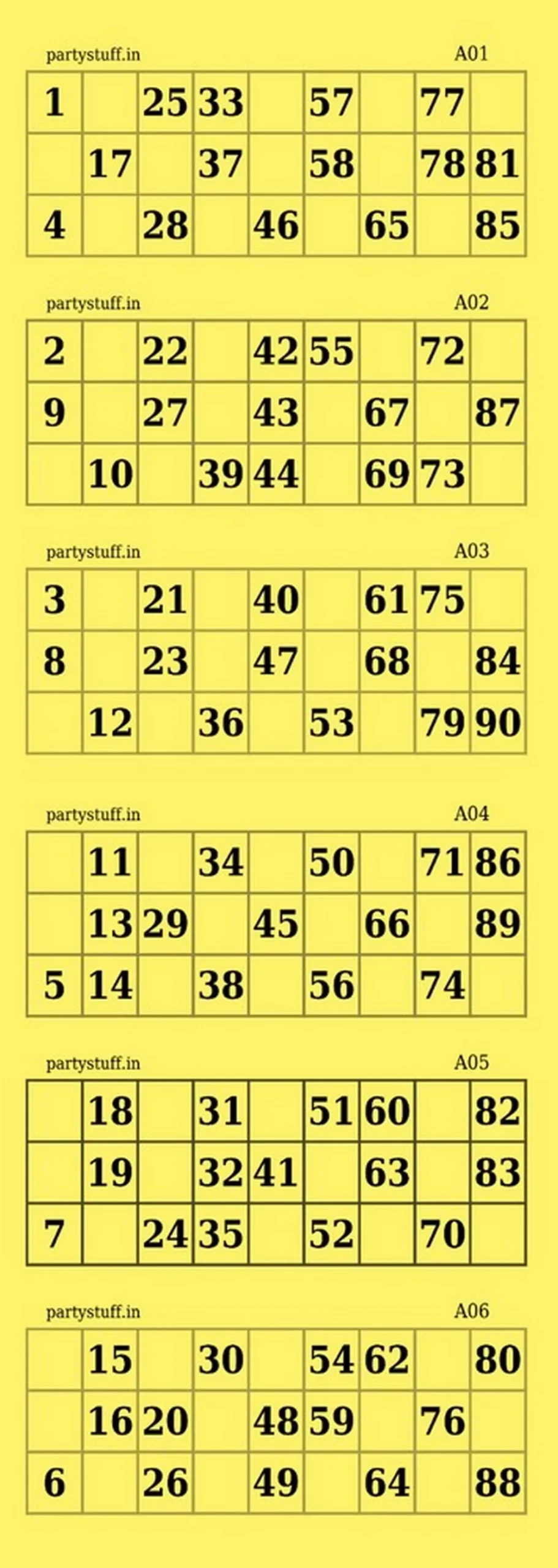 Classic Tambola Housie Ticket Loose Sheets, Good Quality Paper, Yellow, 100 Sheets, 600 tickets