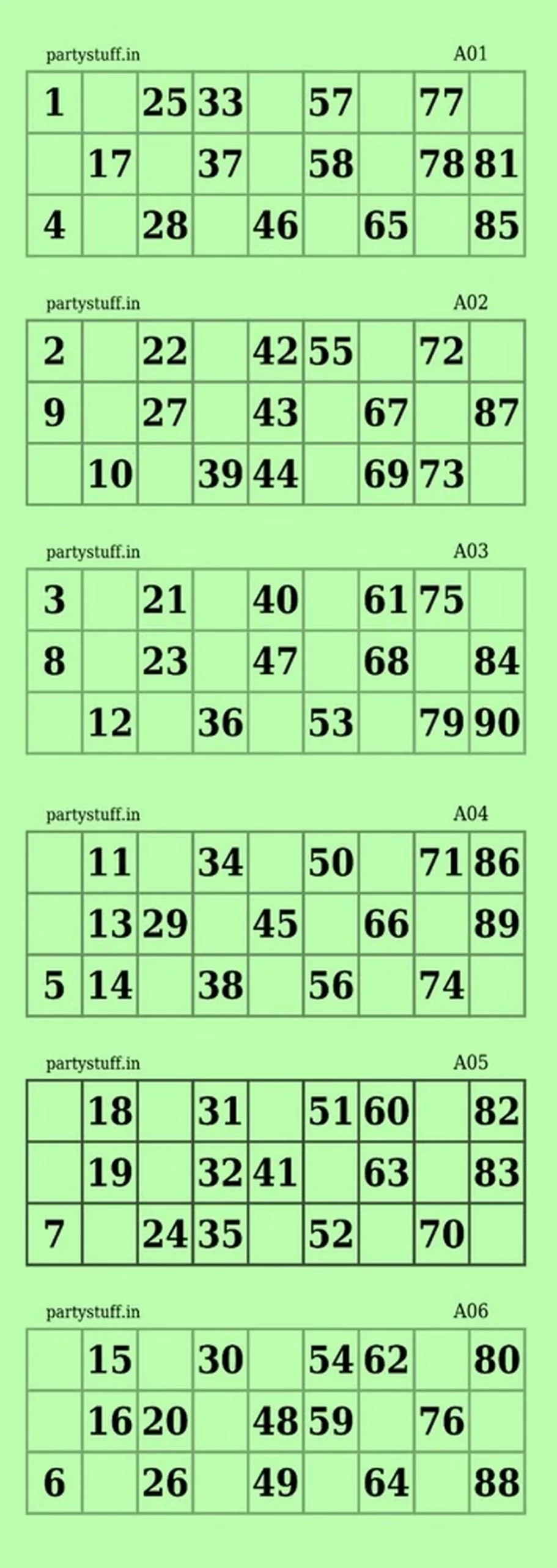 Classic Tambola Housie Ticket Loose Sheets, Good Quality Paper, Green, 300 Sheets, 1800 tickets