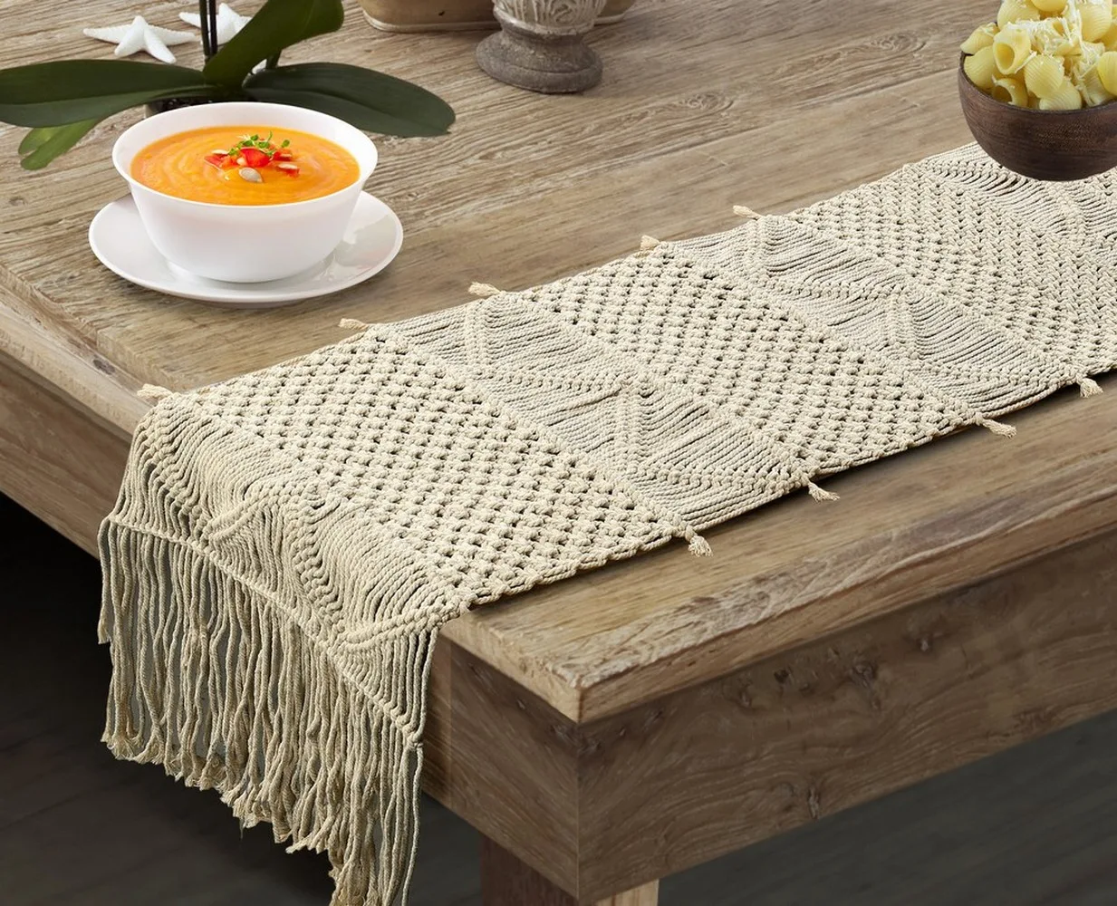 Dining Table Runner | Macrame | White | 14x84 | Design 2