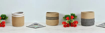 Jute Basket | Black Circle, White Circle, Black Zigzag Combo | Small | 6 Inches, Set of 3