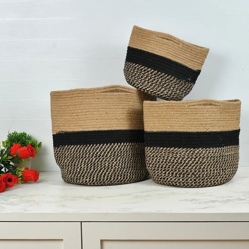 Jute Basket | Black Zigzag, Circle | 8, 12, 14 Inches | Set of 3