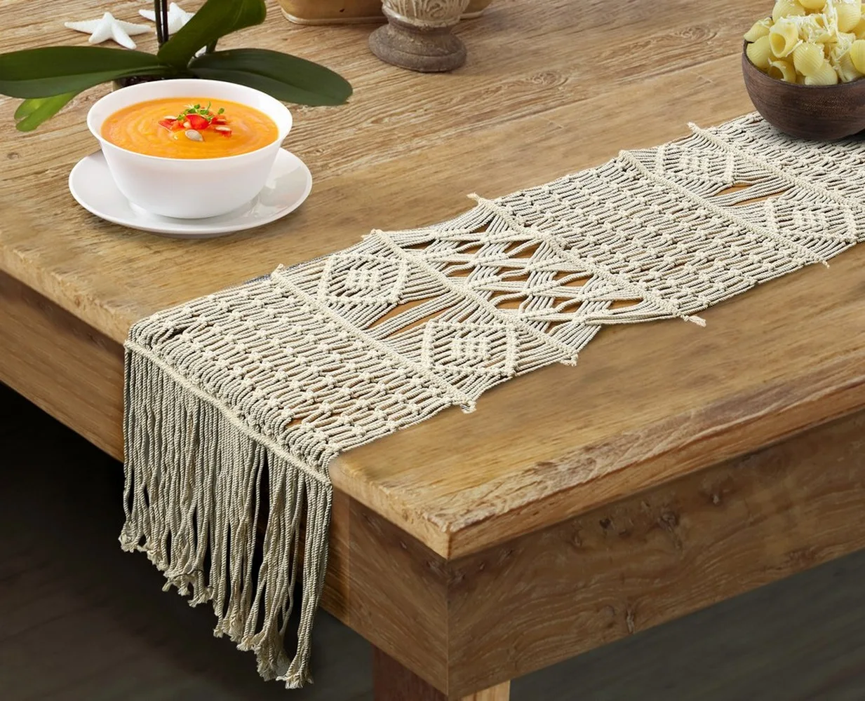 Dining Table Runner | Macrame | White | 14x84 | Design 1