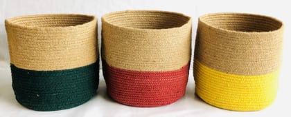 Jute Basket | Colored Bottom | Round | 10 inch | Green, Yellow, Orange | Set of 3