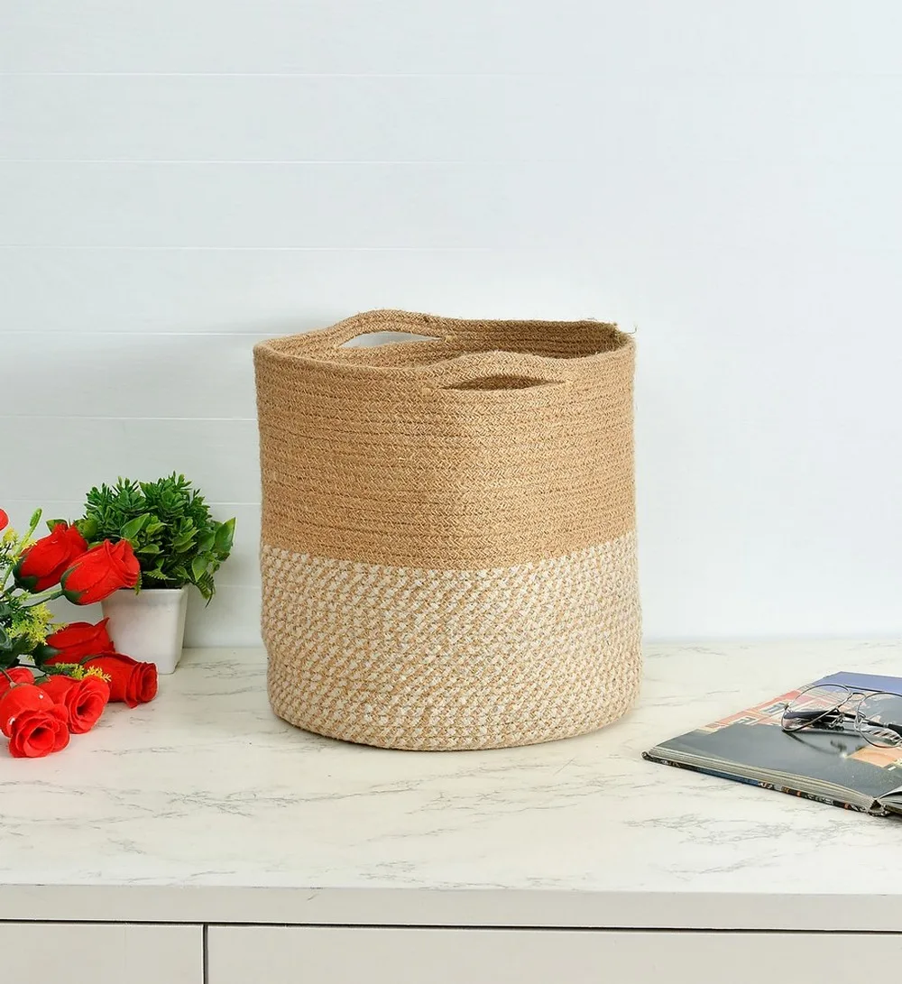 Jute Basket | White Zigzag | 12 inch | Pack of 2