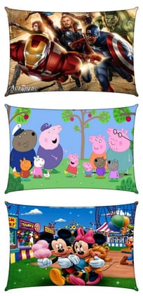 Pillow Cover Avengers, Peppa, Mickey Mouse Cartoon Digital Printed Soft Cushion Cover (18x12 Inches, Set of 3)
