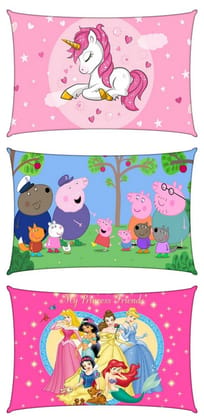 Pillow Cover Unicorn, Peppa, Princess Heart Cartoon Digital Printed Soft Cushion Cover (18x12 Inches, Set of 3)