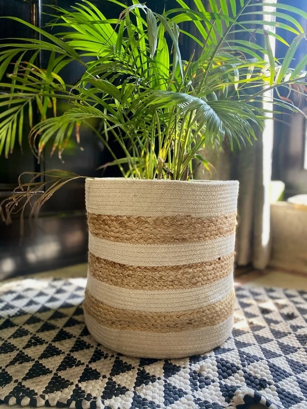 Jute Basket | White Circle Broad | 12x12 | Pack of 1