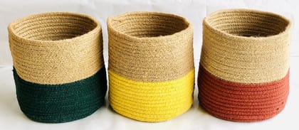 Jute Basket | Colored Bottom | Round | 8 inch | Green, Yellow, Orange | Set of 3