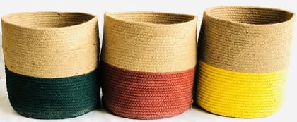 Jute Basket | Colored Bottom | Round | 12 inch | Green, Yellow, Orange | Set of 3