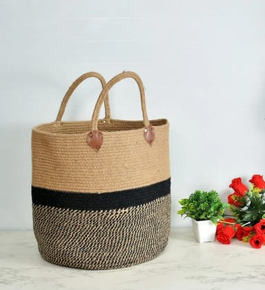 Jute Basket, Black Zigzag, Handle, 16x16