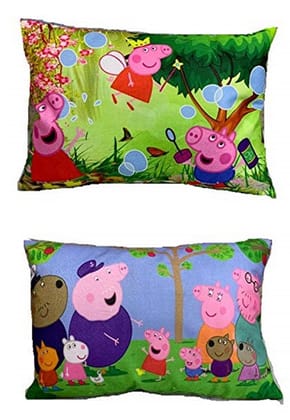Pig cartoon Kids Pillow Green Bubbles, Blue Family Cover, 18x12 Inches, Set of 2