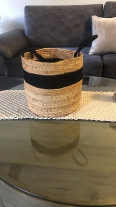 Black Handle Jute Cotton Basket, 10 Inches, Black Circle