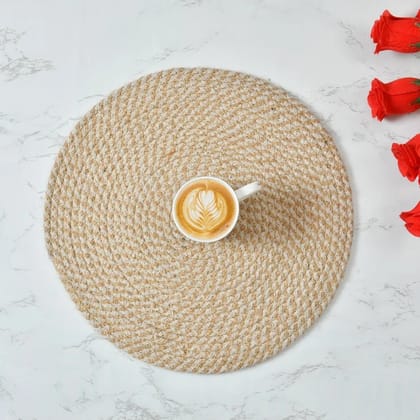 Jute Cotton Placemat, Round, White Beige, Crisscross, 14 Inches, Pack of 4