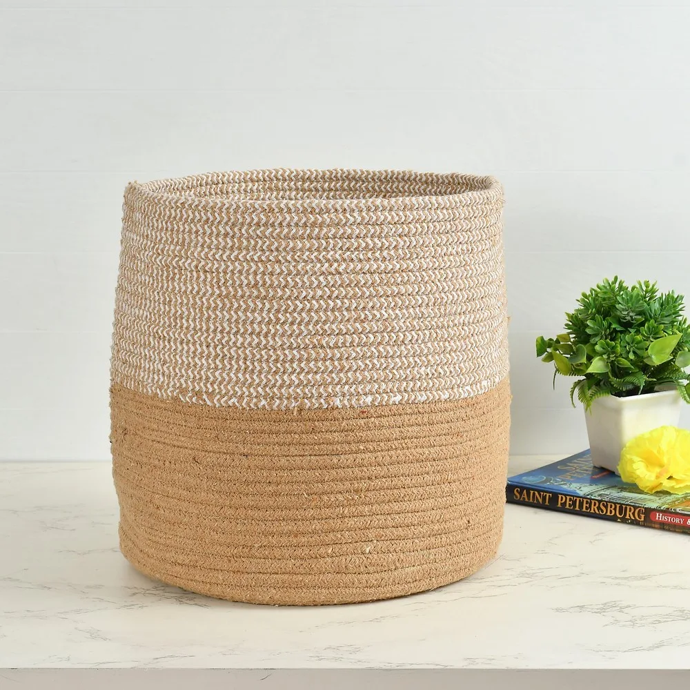 Top Criss Cross Round Basket, White, Beige, 12x12