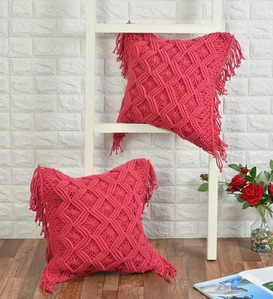 Macrame Cushion Cover, Zig Zag Lines Diamond Boxes, 18x18, Pink