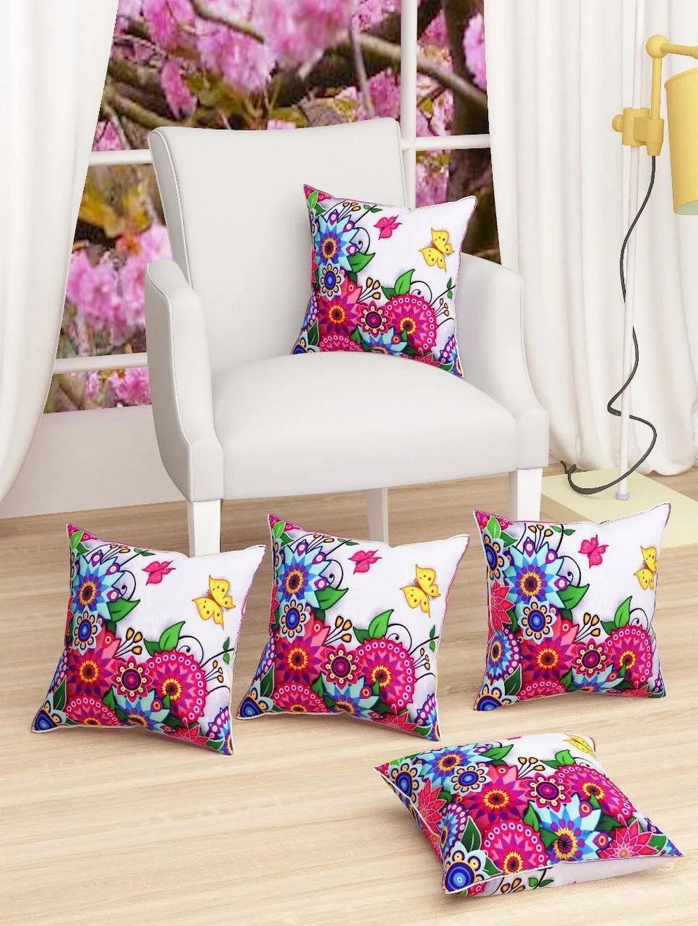 Floral butterfly pink printed jute cushion cover, 16x16, set of 5