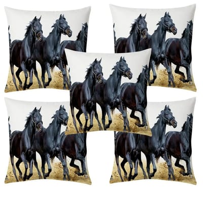 Horses jute printed cushion cover premium back, 16x16 inches, Set of 5