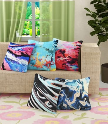 Colorful water artistic printed cushion cover jute, 16x16, Set of 5