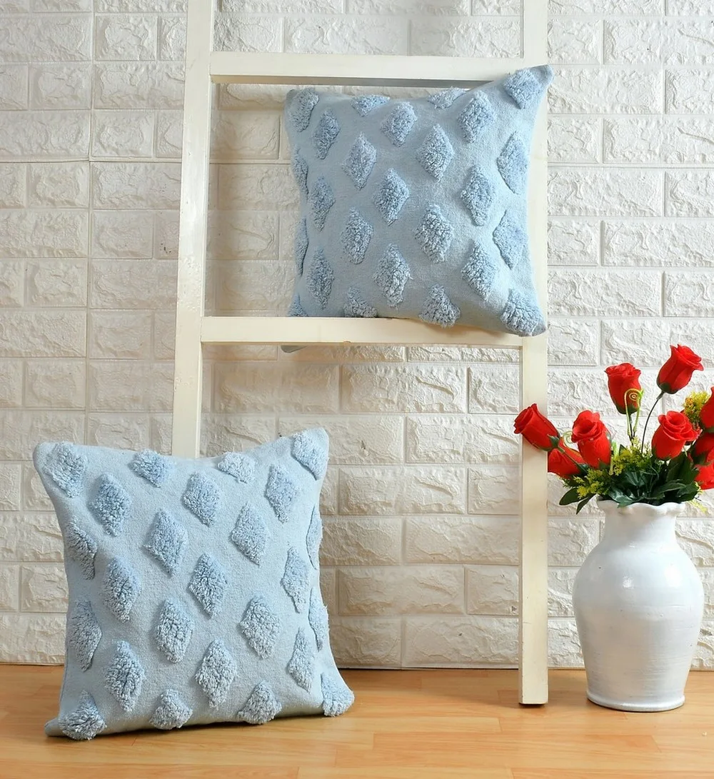 Small diamonds barfi tufted cushion cover, Lite Blue, 16x16