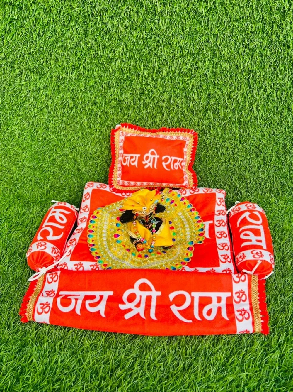 Jai Shree Ram Text Printed Laddu Gopal Bedset, 5 pieces, Orange