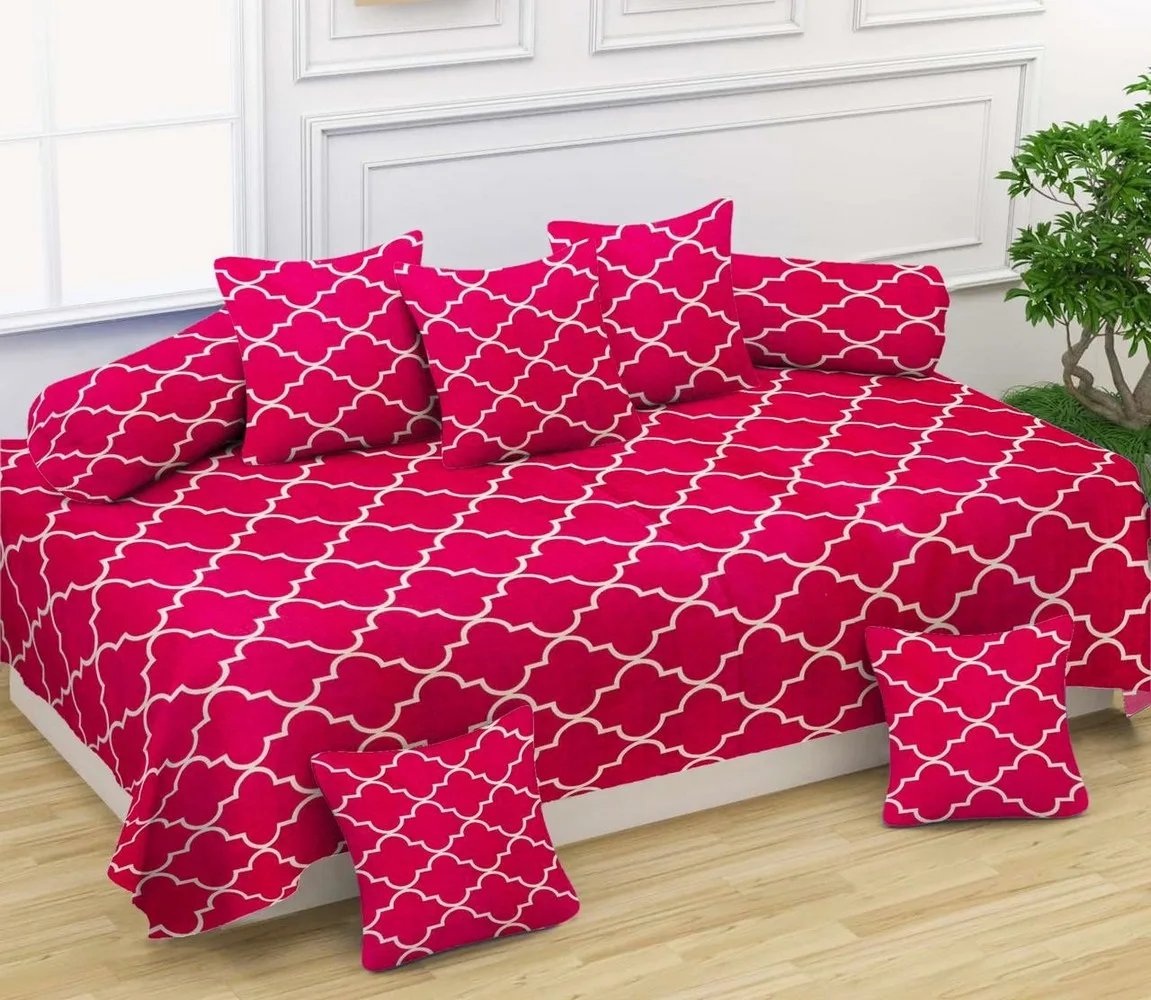 Diwan Set 1 bedsheet 60x90, 5 cushion cover 16x16, 2 bolster cover 16x30, 8 pieces, club, pink