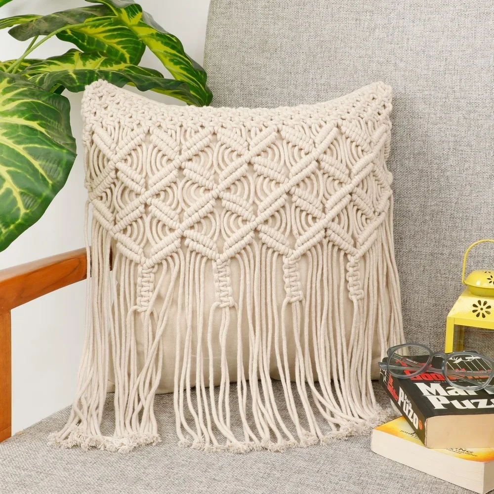 Macrame Cushion Cover top small knots, center diamonds double lines, fringes, 16x16, off-white