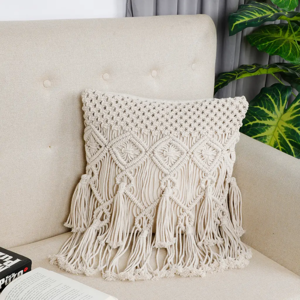 Macrame cushion cover top small knots, diamonds, dual lane tassles, 16x16, off-white