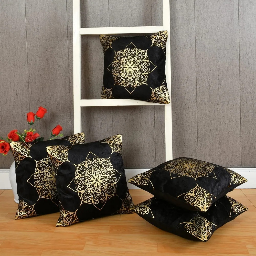 Velvet foil print cushion cover, 16x16, golden floral print, black bg