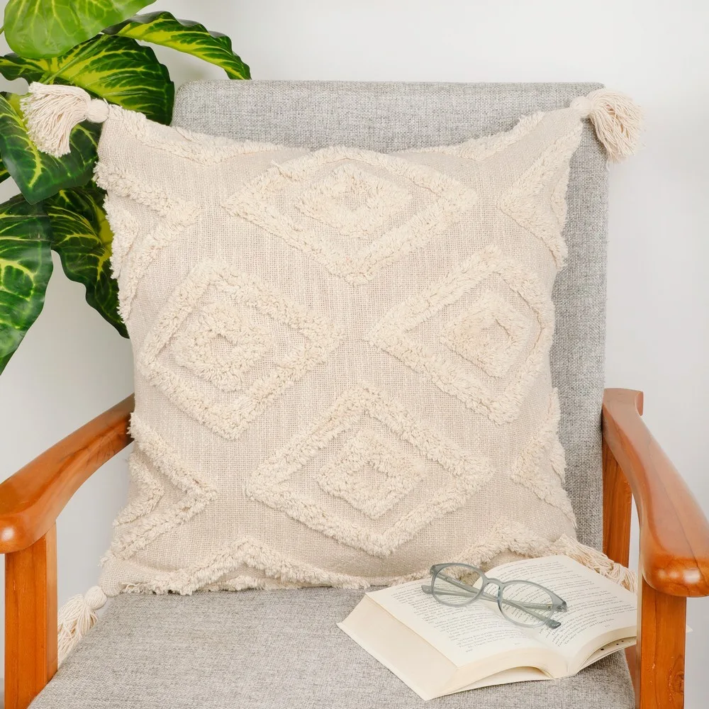 Tufted Cushion Cover diamond in diamond, tassles, 20x20