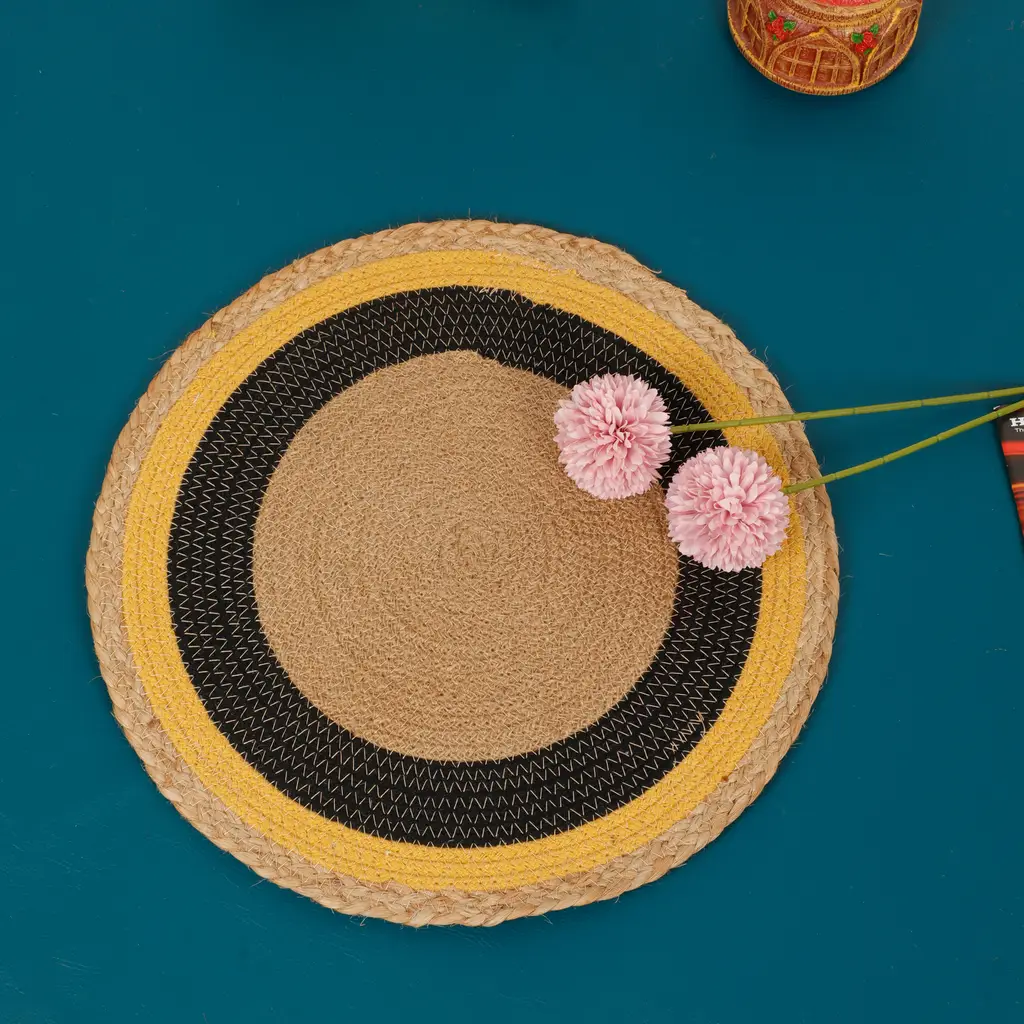 Cotton Jute Multicolor Round mat, placemat, concentric circle bars, brown, yellow, black, 16x16, pack of 2