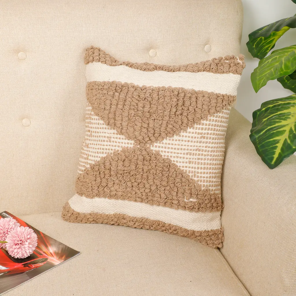 Pitloom boondi shapes pattern cushion cover, side bars, inverted triangles, brown, white, 16x16