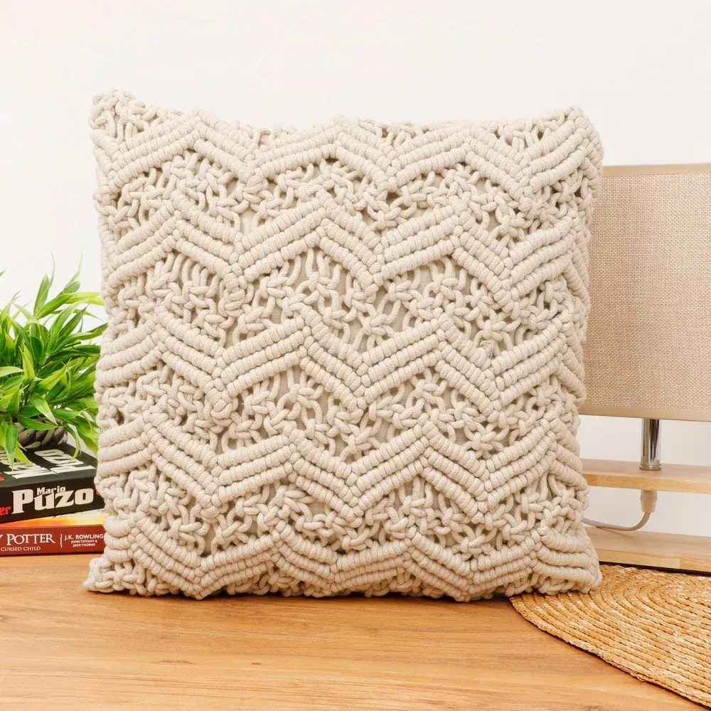 Macrame Cushion Cover Chain Zigzag, small knots, 16x16, Off-white