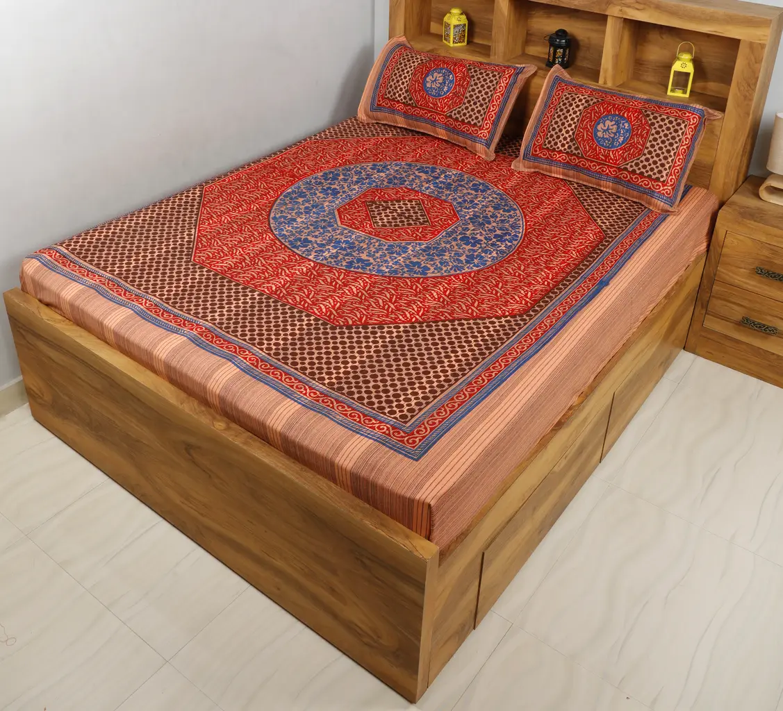 Cotton khaadi printed bedsheet, 90x100, leaf, circles, red, brown