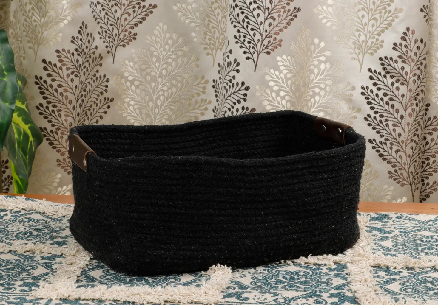 Cotton Shelf Basket Rectangular Leather Handle, 12x8x5, Plain, Black