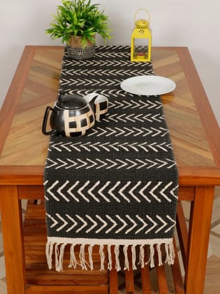 Cotton Printed Table Runner Pitloom Dhurrie, 60x14, Black White