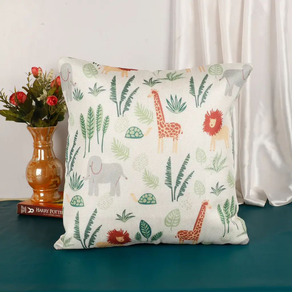 Printed cushion cover kids design, animals, plants, green, 16x16, 1 piece