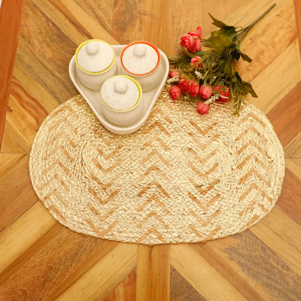 Jute foil printed placemat oval, zigzag pattern, beige, golden, 12x18, pack of 2