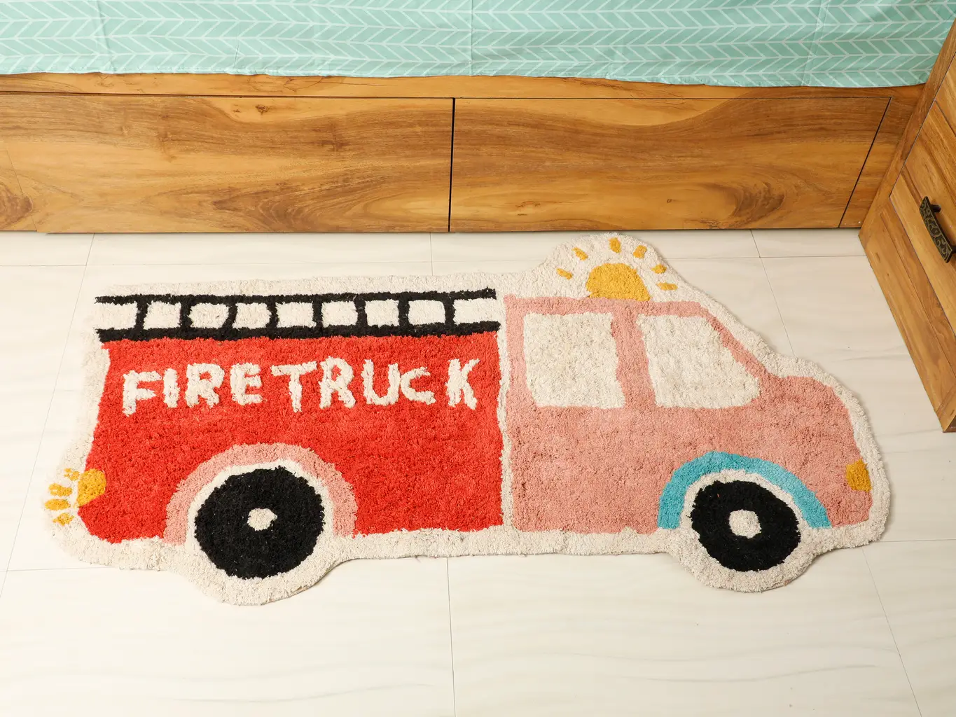 Fire truck shaped tufted mat, red, pink, white, 49x28