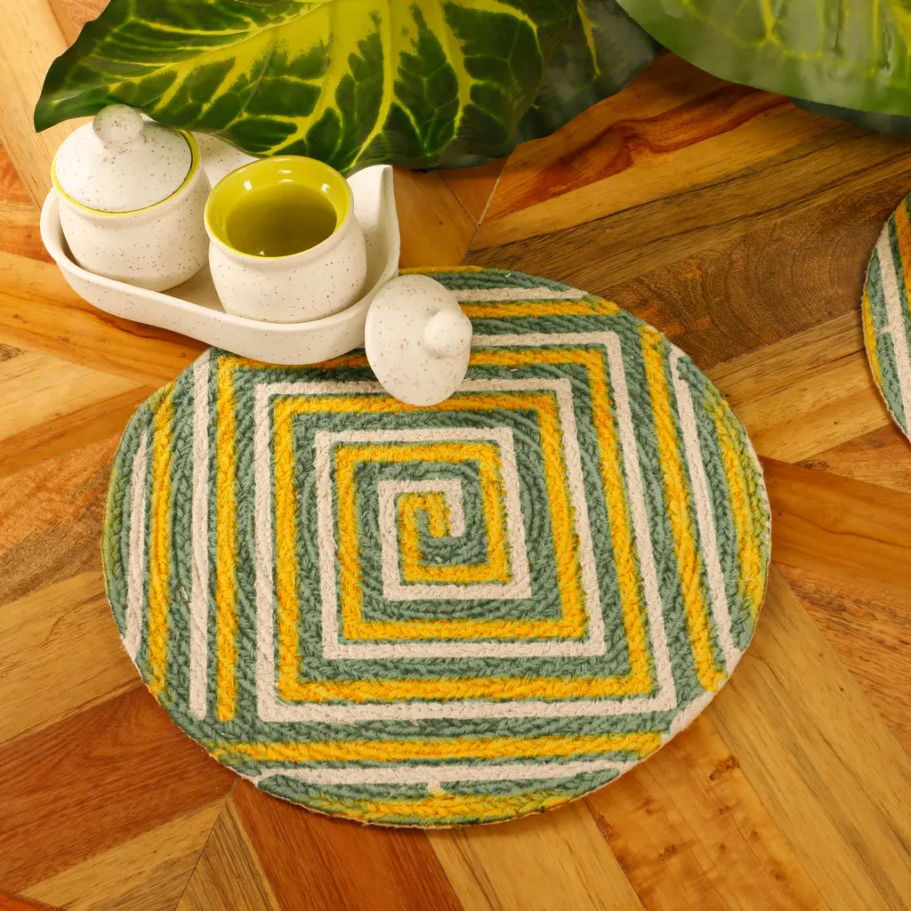 Cotton printed spiral square line round placemat, white, green, yellow, 12x12, set of 2