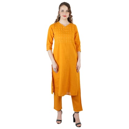 Yellow Hand Embroidered Cotton Kurti Pant Set