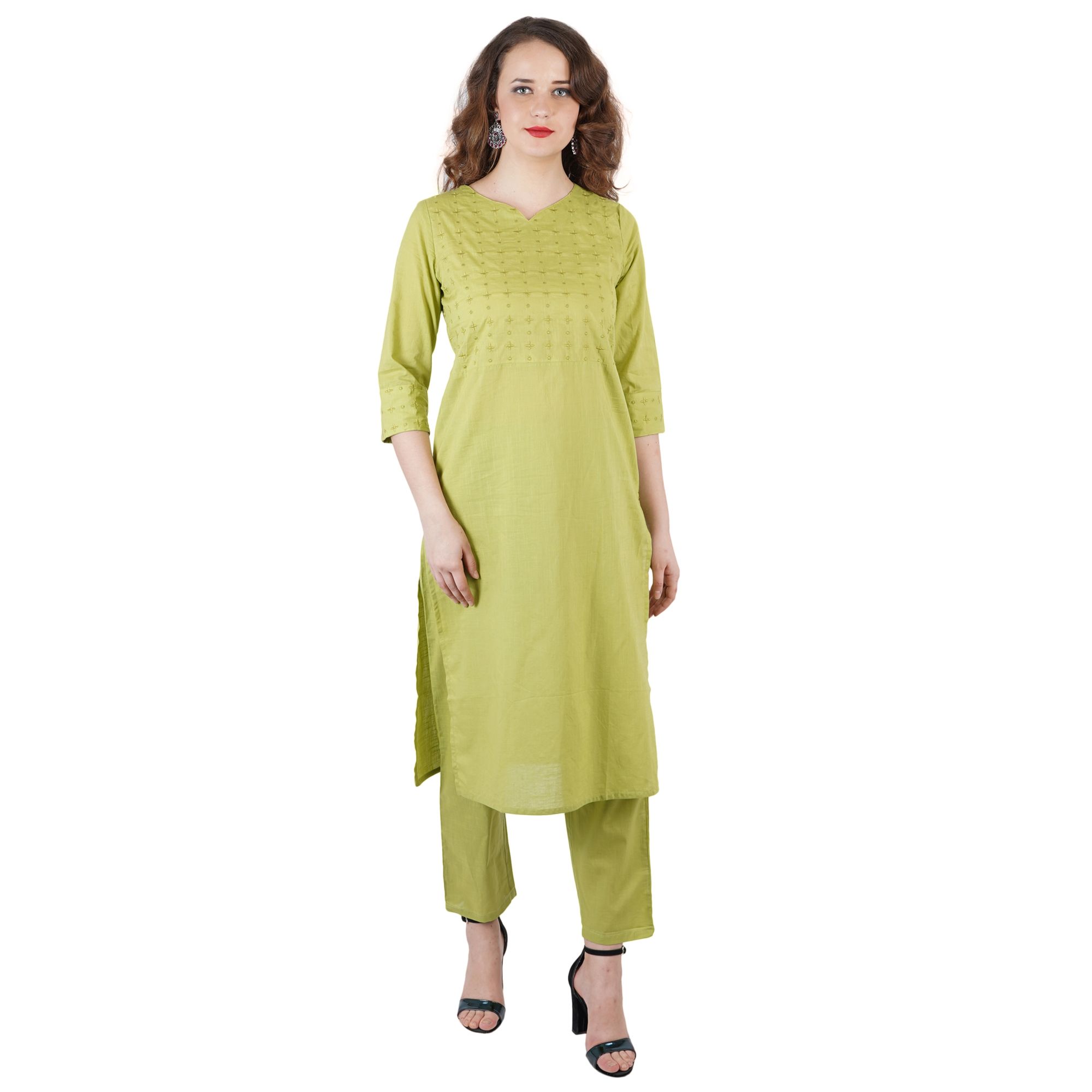 Green Hand Embroidered Cotton Kurti Pant Set